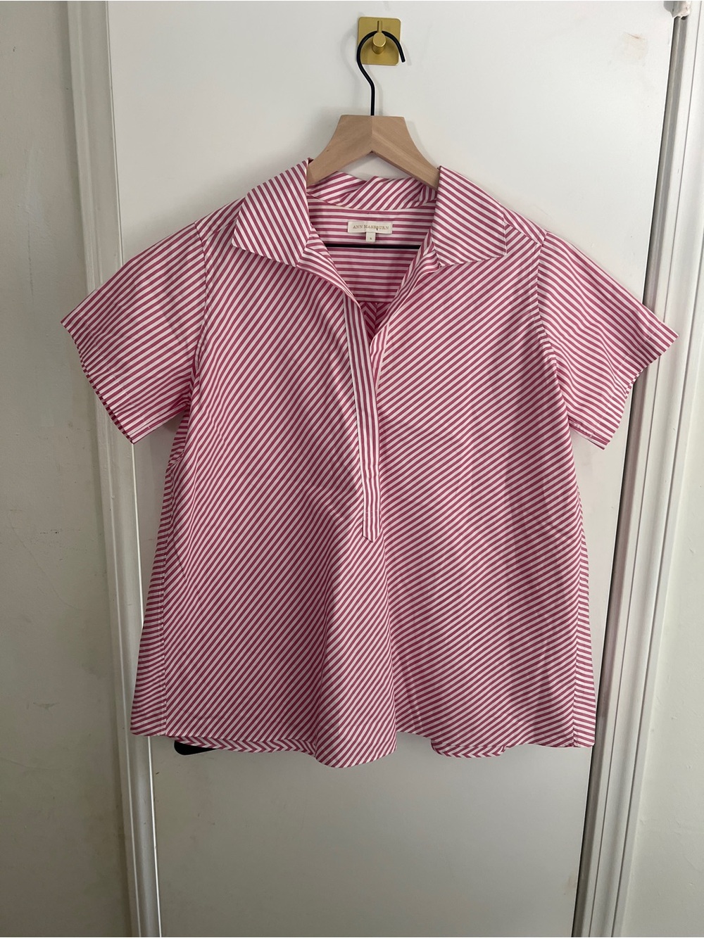 ANN MASHBURN Pink and White Striped Short Sleeve Collared Tunic